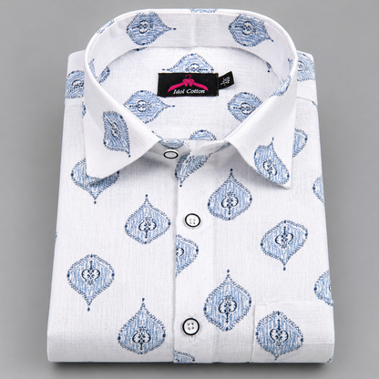 Linen Cotton White with Light Blue Butta Print Men’s Shirt