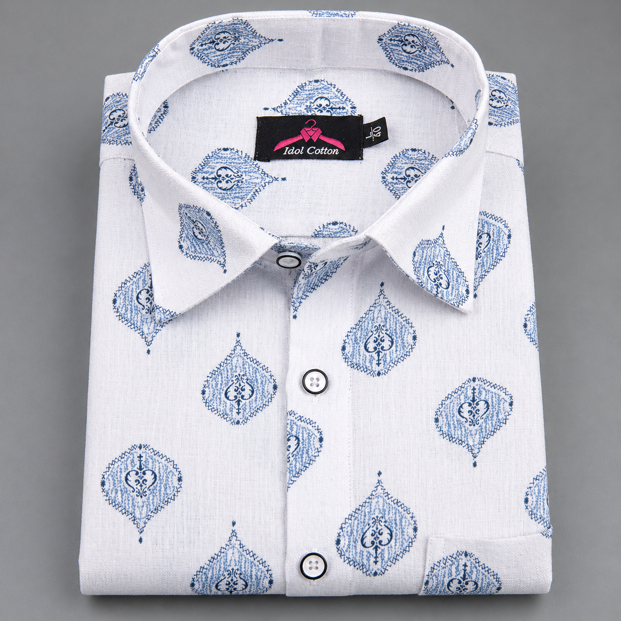 Linen Cotton White with Light Blue Butta Print Men’s Shirt