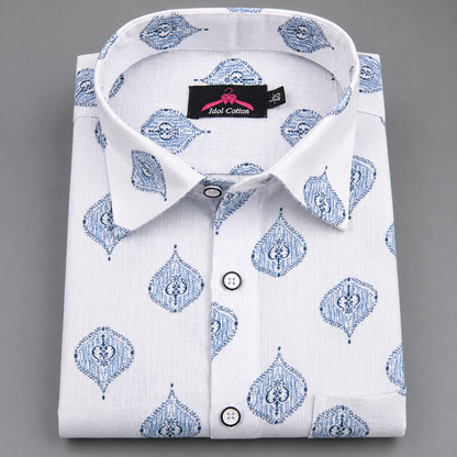 Linen Cotton White with Light Blue Butta Print Men’s Shirt