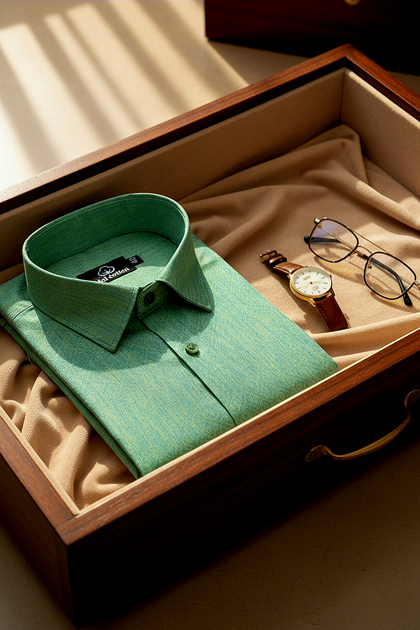 Teal Jacquard Dimond Pattern Cotton Shirt Mint Green Colour