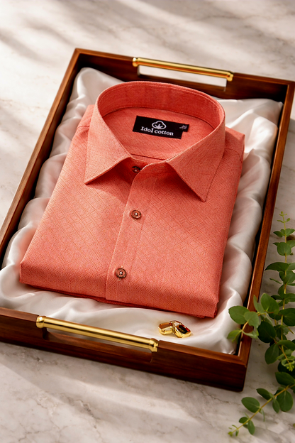 Teal Jacquard Dimond Pattern Cotton Shirt Salmon Pink Colour